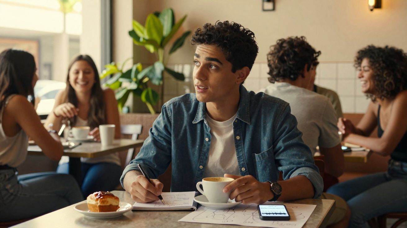 Jovem sentado em cafeteria escrevendo em caderno com café e bolo na mesa, outras pessoas conversam ao fundo.
