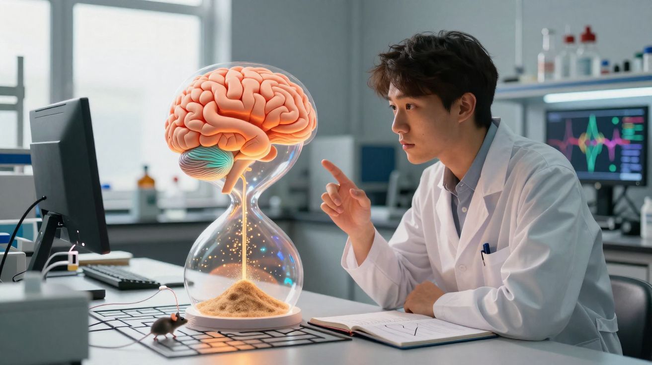Cientista em laboratório observa ampulheta com cérebro brilhante dentro e registros ao lado.