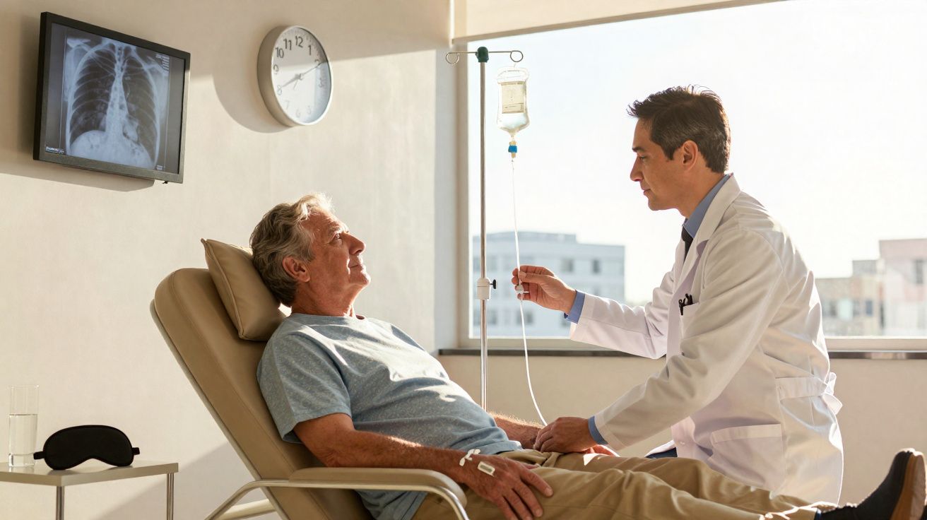 Médico ajusta soro em paciente idoso sentado em poltrona em sala de hospital com raio-x no fundo.