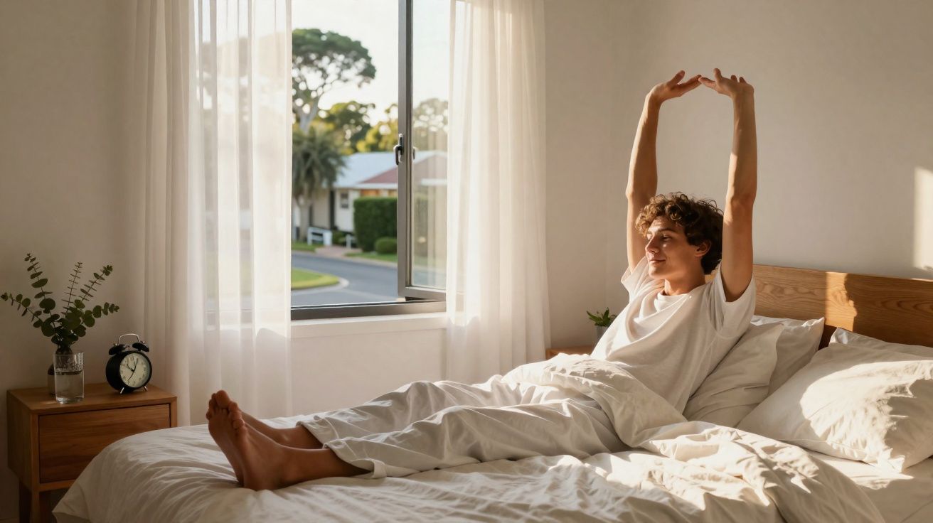 Pessoa com roupa branca espreguiçando-se em cama branca perto de janela aberta em quarto iluminado pela manhã.