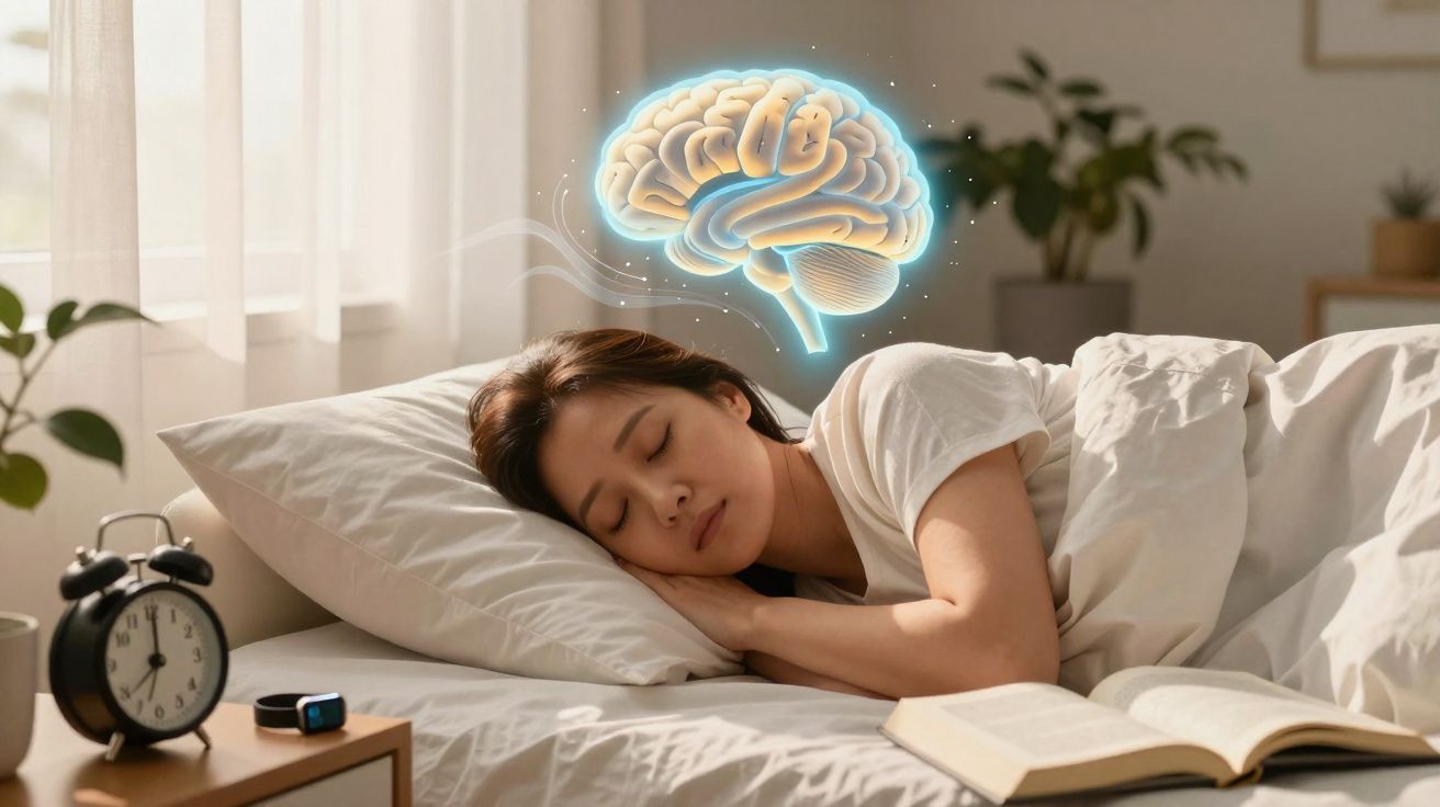 Mulher dormindo na cama com cérebro iluminado flutuando acima representando atividade cerebral durante o sono.