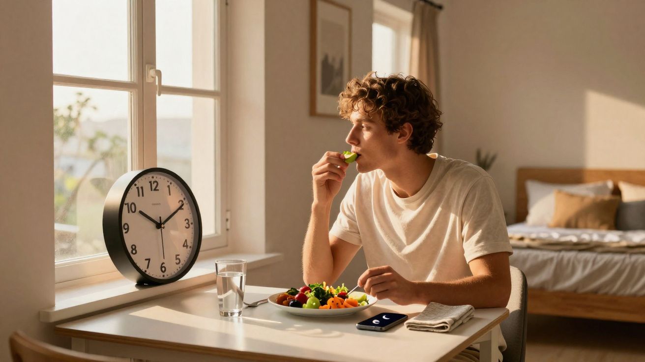 Homem jovem comendo salada sentado à mesa perto da janela em quarto iluminado pela manhã.