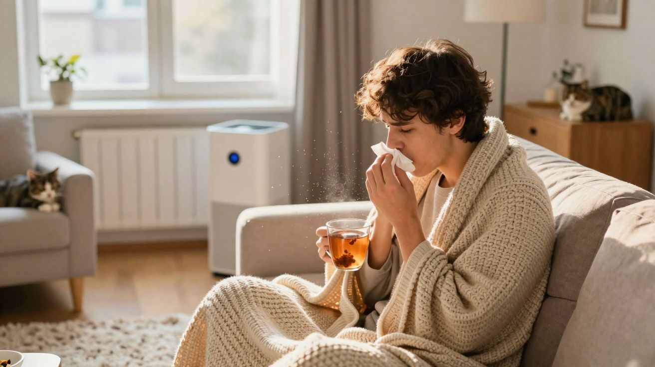 Pessoa jovem envolta em cobertor tomando chá e assoando o nariz em uma sala iluminada.