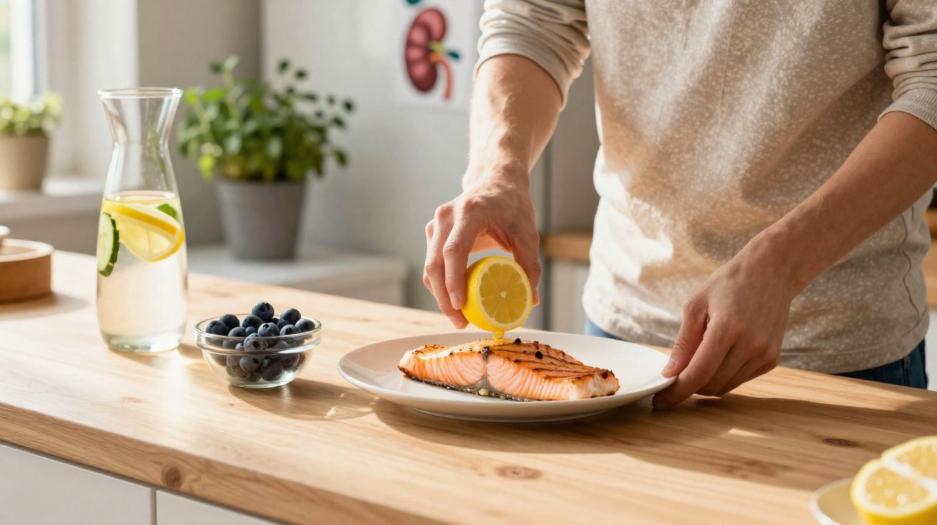 Pessoa espremendo limão sobre filés de salmão grelhado em prato, ao lado de jarra com limonada e tigela com mirtilos.