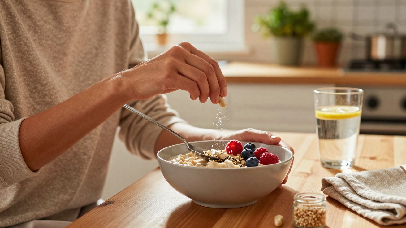 Pessoa polvilhando sementes em tigela com mingau e frutas em mesa de cozinha ensolarada.