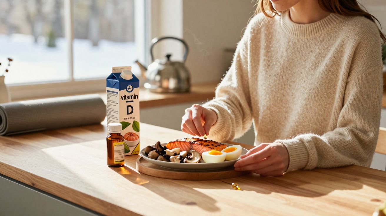 Pessoa em suéter bege tomando suplemento com refeição de ovos, salmão e cogumelos na mesa de madeira.
