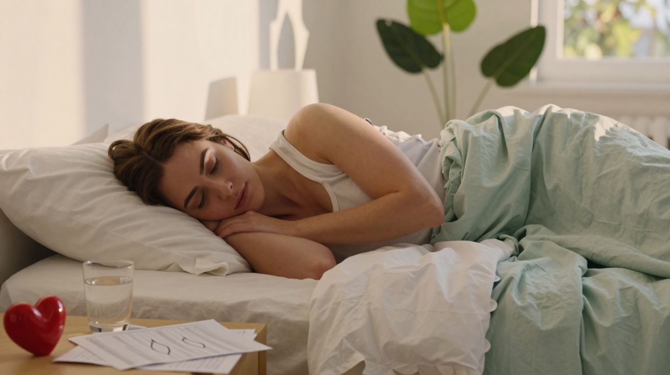 Mulher dormindo de lado na cama, coberta com edredom verde claro, com copo de água e cartas na mesa ao lado.