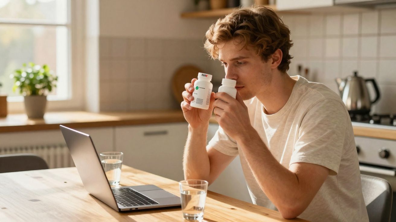 Jovem sentado à mesa na cozinha, cheirando frascos de medicamento com laptop aberto à frente.
