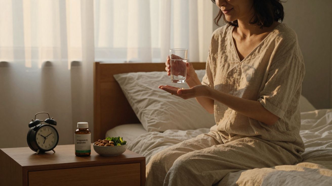 Mulher sentada na cama segurando copo de água, com relógio, remédios e petiscos na mesa ao lado.
