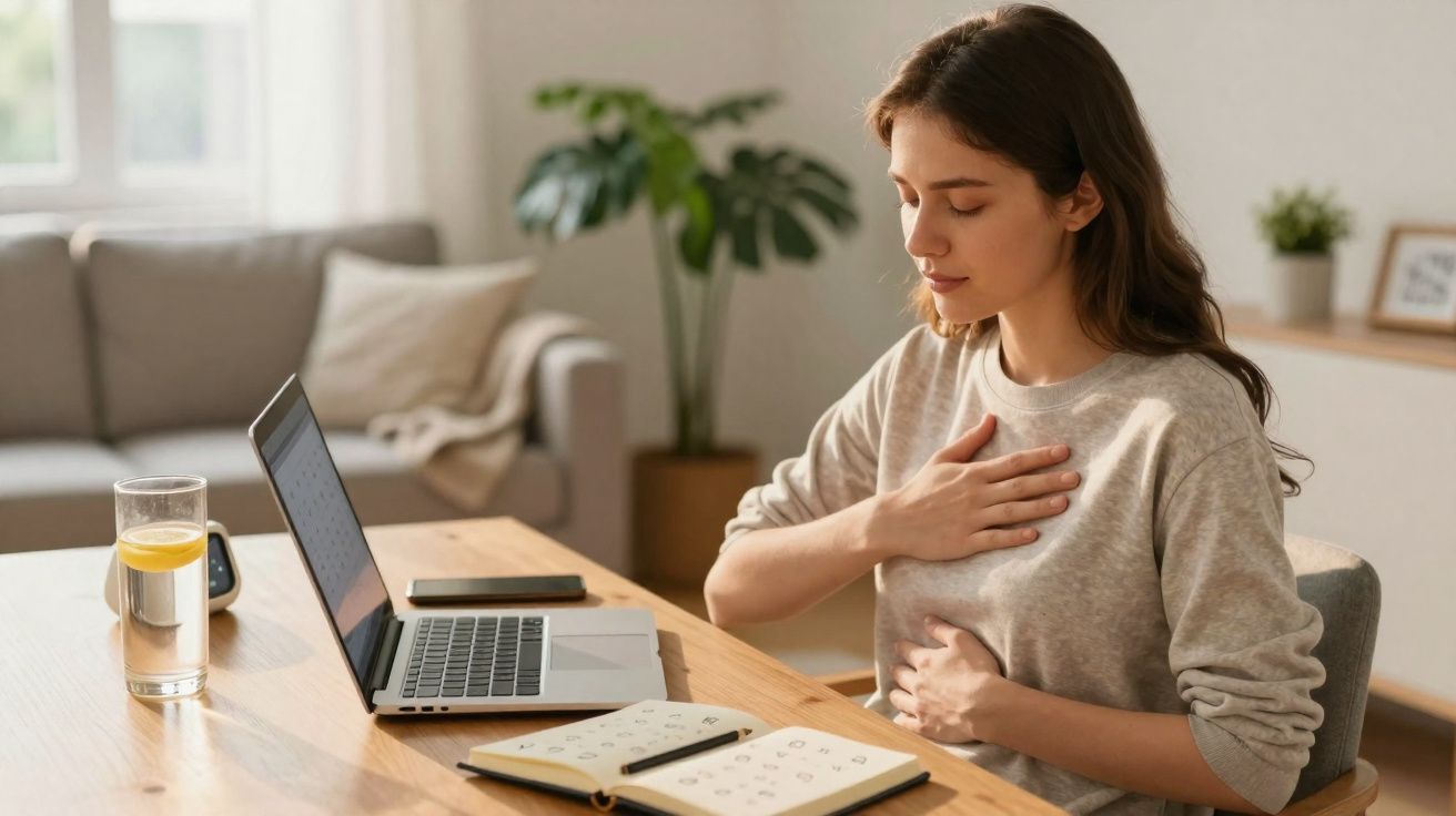 Mulher sentada à mesa com laptop e caderno, segurando peito e barriga, aparentando desconforto.