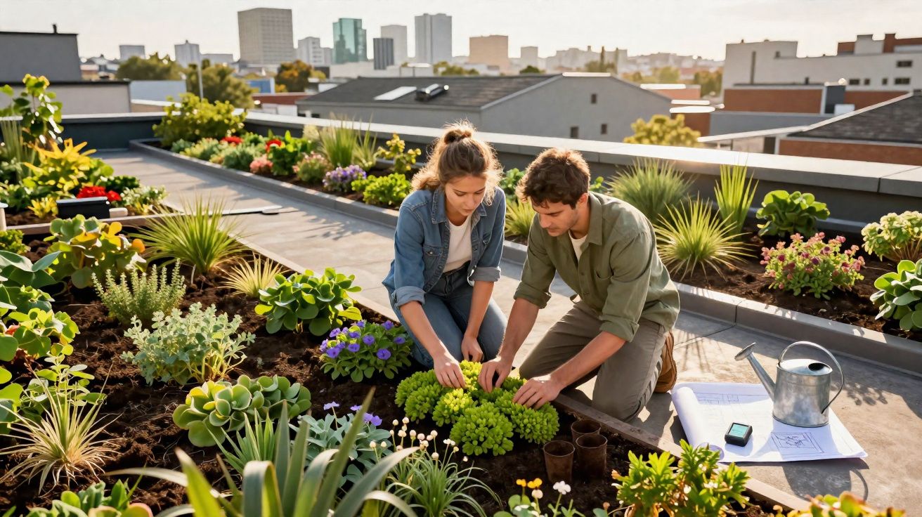 Casal cuidando de plantas em um jardim urbano no terraço com prédios ao fundo no entardecer.