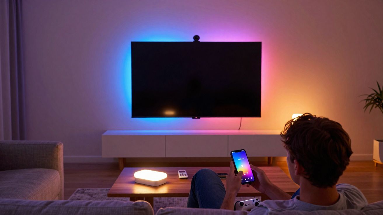 Homem sentado no sofá controlando luzes coloridas ambiente da sala com smartphone à frente da TV desligada.