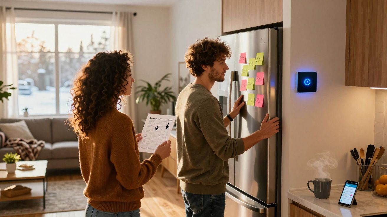 Casal organizando compromissos com post-its na geladeira em cozinha iluminada e acolhedora.