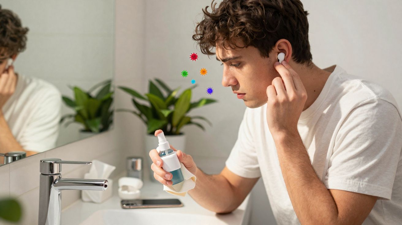 Homem retirando fone de ouvido e segurando spray nasal em banheiro com plantas e espelho ao fundo.