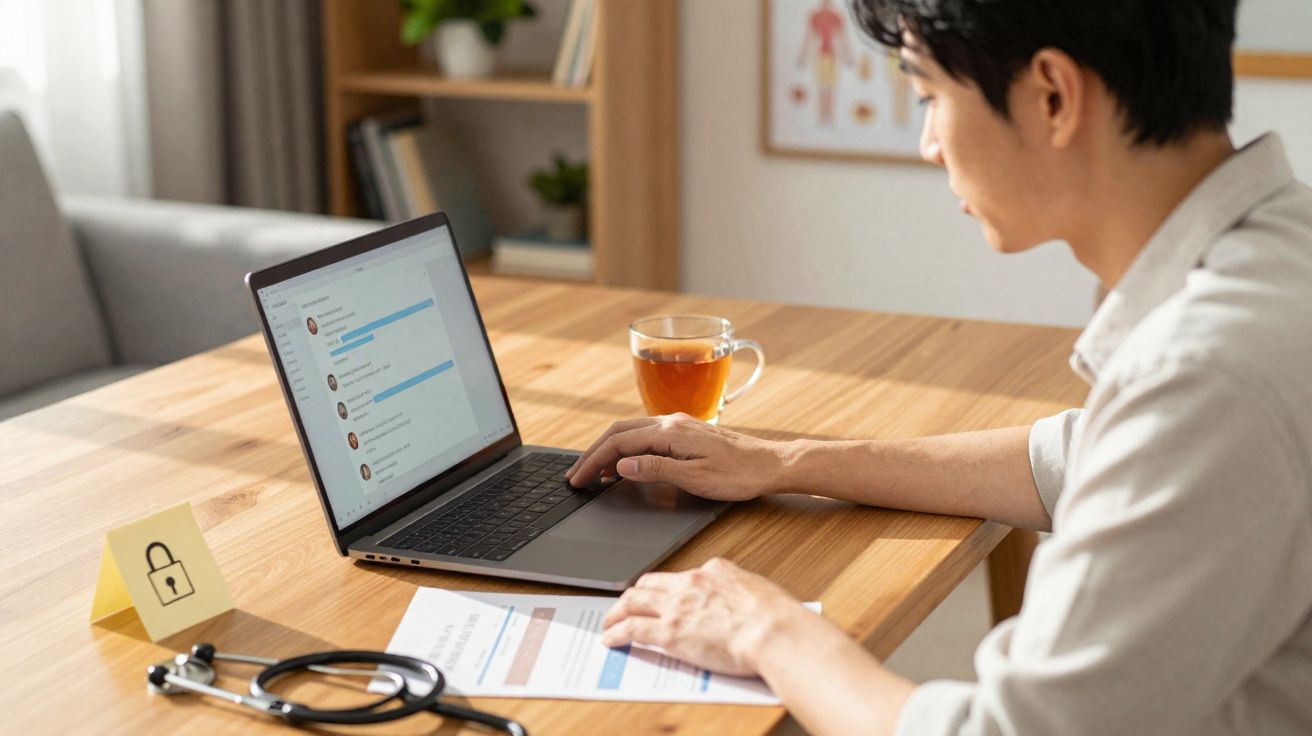 Pessoa usando laptop em mesa com estetoscópio, documento e chá, foco em consulta ou trabalho médico online.