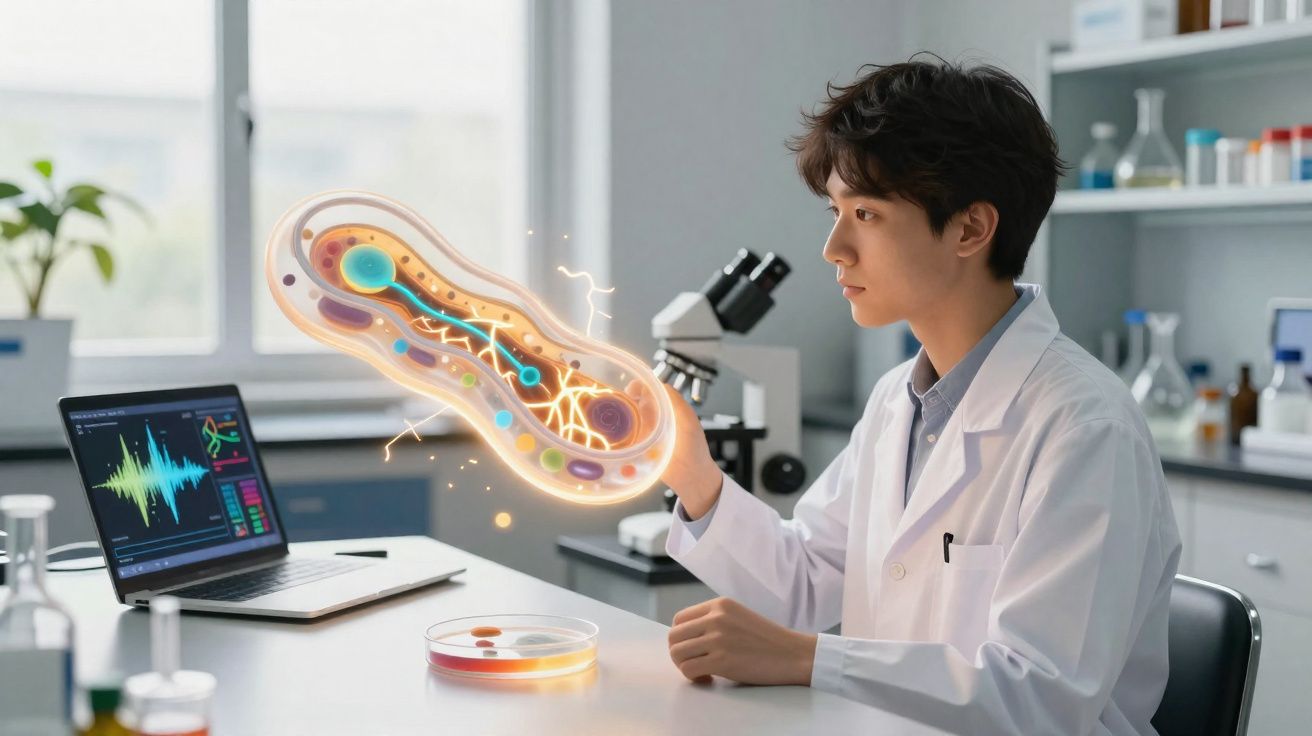 Jovem cientista em laboratório segurando modelo digital de célula observando dados em laptop e microscópio.