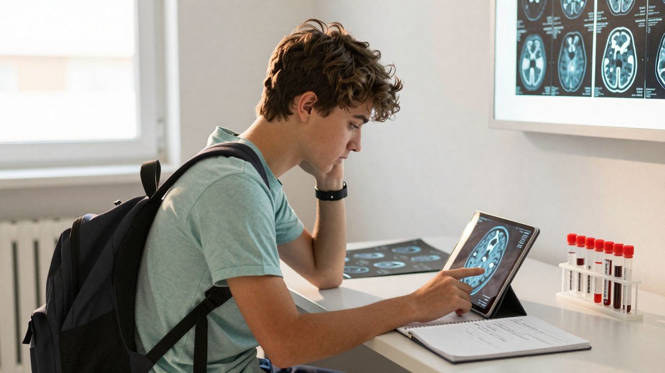 Jovem analisando exame de imagem cerebral em tablet, com mochila e tubos de sangue ao lado.