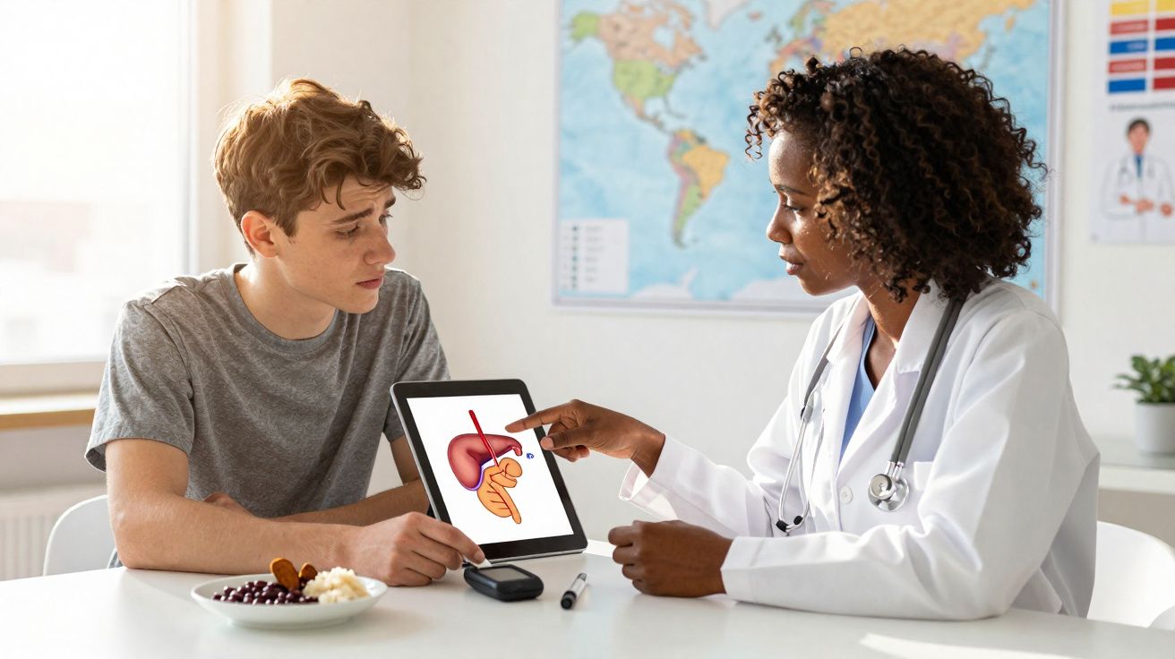 Médica explicando paciente sobre fígado e pâncreas ilustrados em tablet durante consulta.