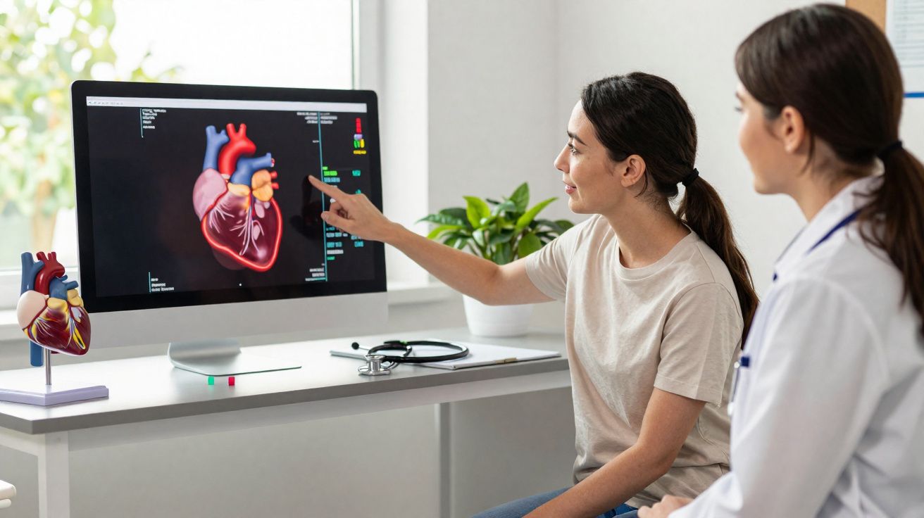 Paciente consulta médica com profissional de saúde usando imagem digital de coração em computador.