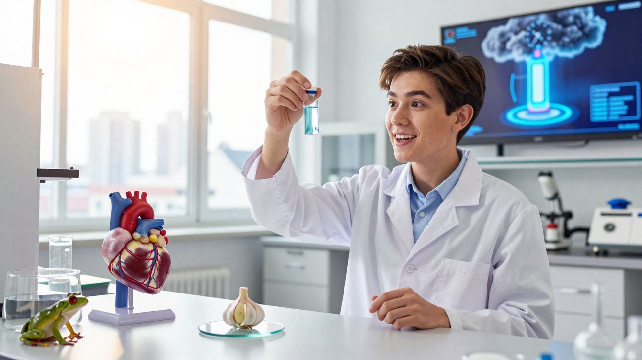 Jovem cientista em jaleco segurando tubo de ensaio em laboratório moderno com modelos e equipamentos.