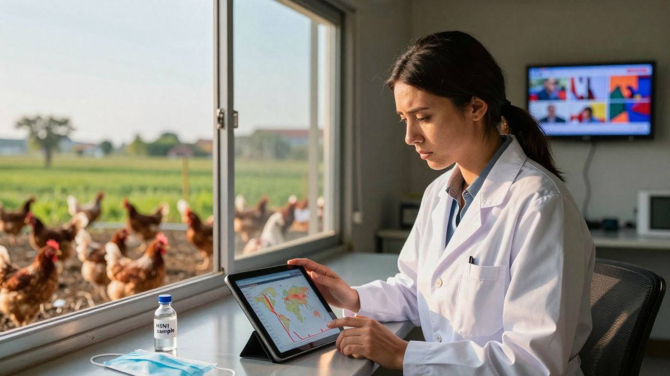 Mulher cientista em jaleco analisa dados de tablet, com galinhas e campo ao fundo através da janela.