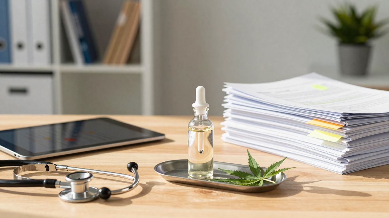 Mesa com estetoscópio, tablet, pilha de documentos e frasco com conta-gotas ao lado de folha de cânhamo.