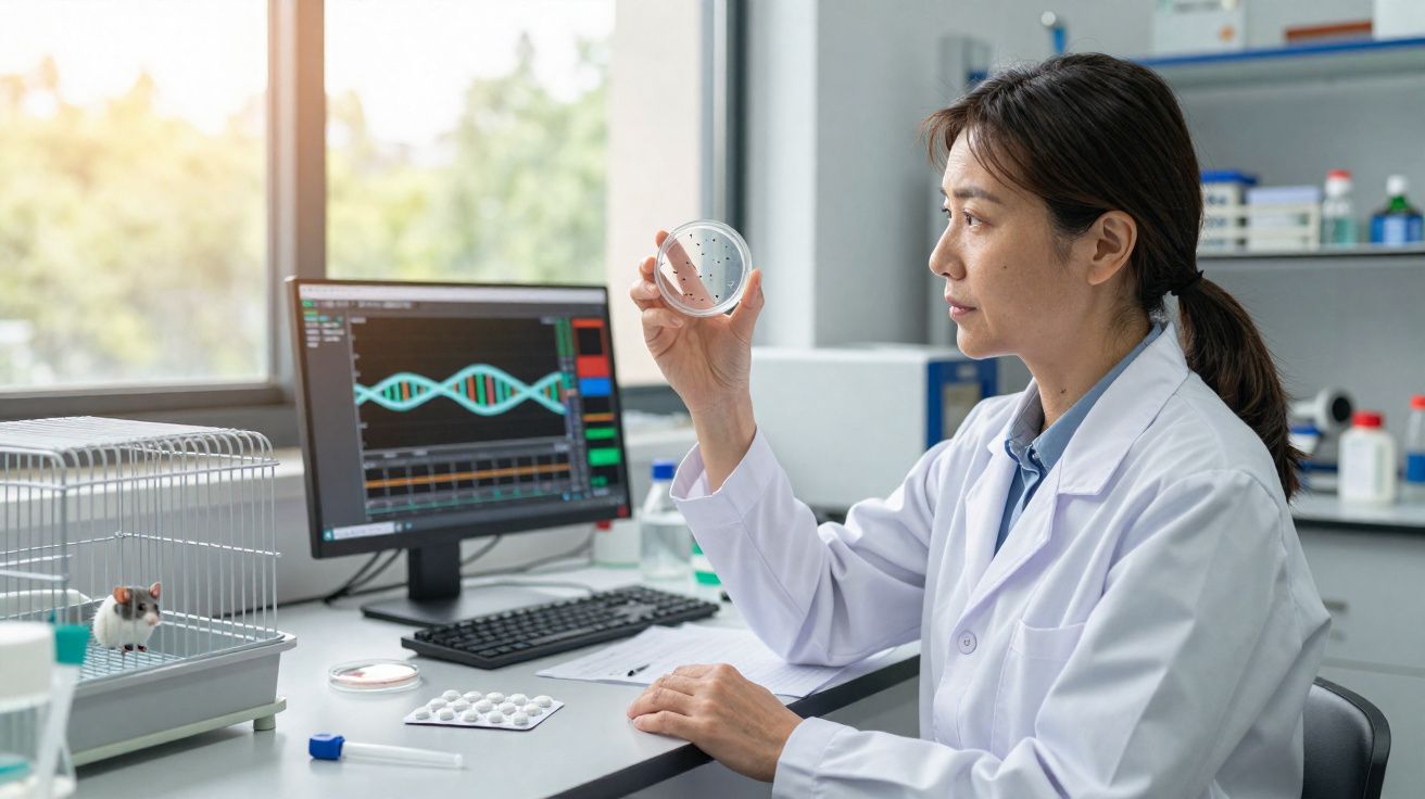 Cientista em jaleco analisando placa de petri em laboratório com rato em gaiola e tela de DNA.