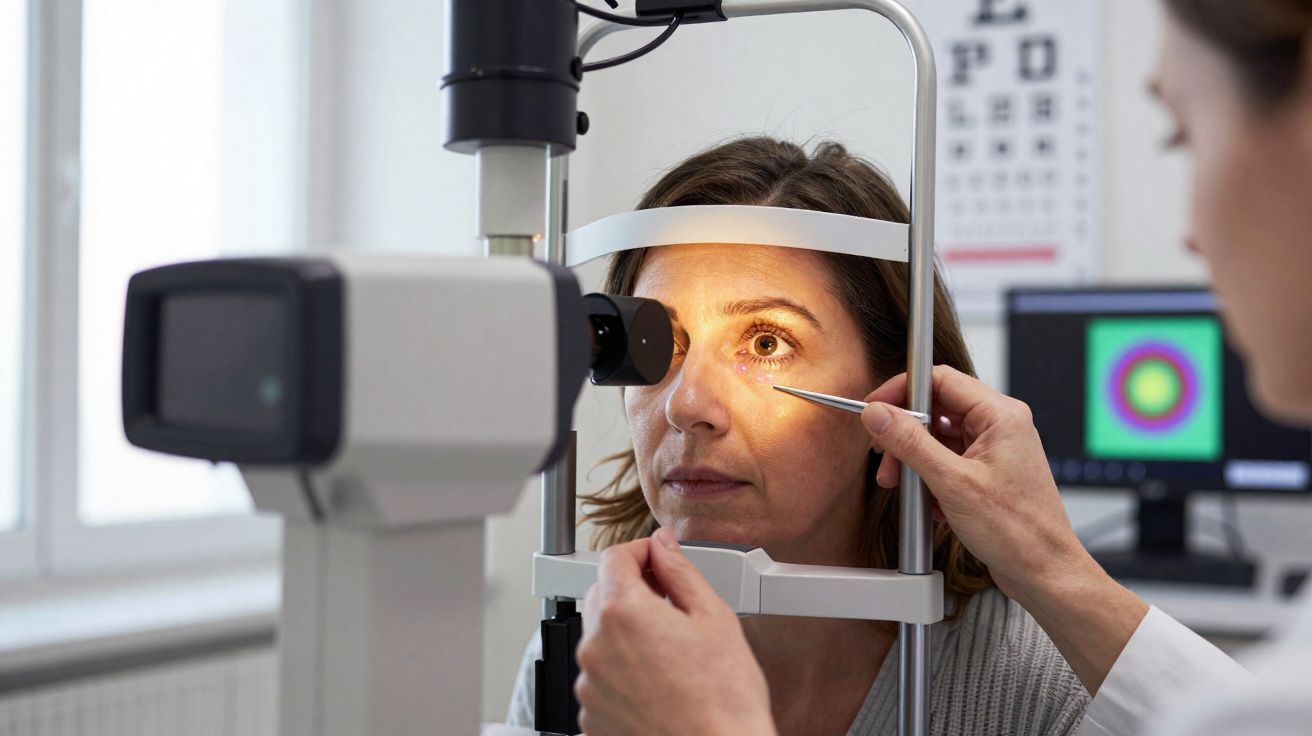 Mulher realizando exame oftalmológico com lâmpada de fenda em clínica especializada em visão.