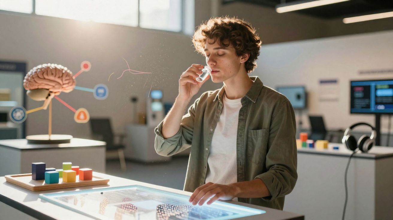 Jovem usando óculos de realidade virtual interage com jogos educativos em mesa digital em laboratório.