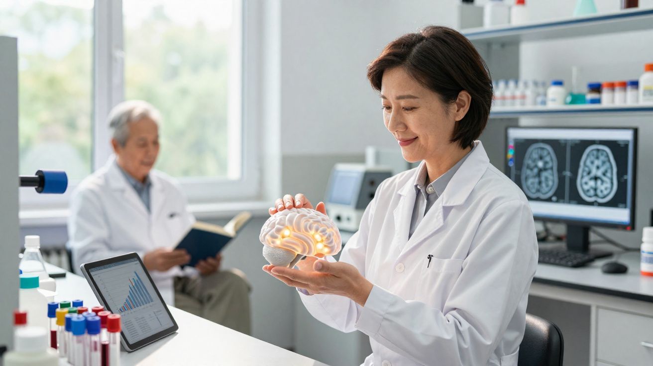 Cientista segurando modelo iluminado de cérebro em laboratório com colega ao fundo lendo livro.