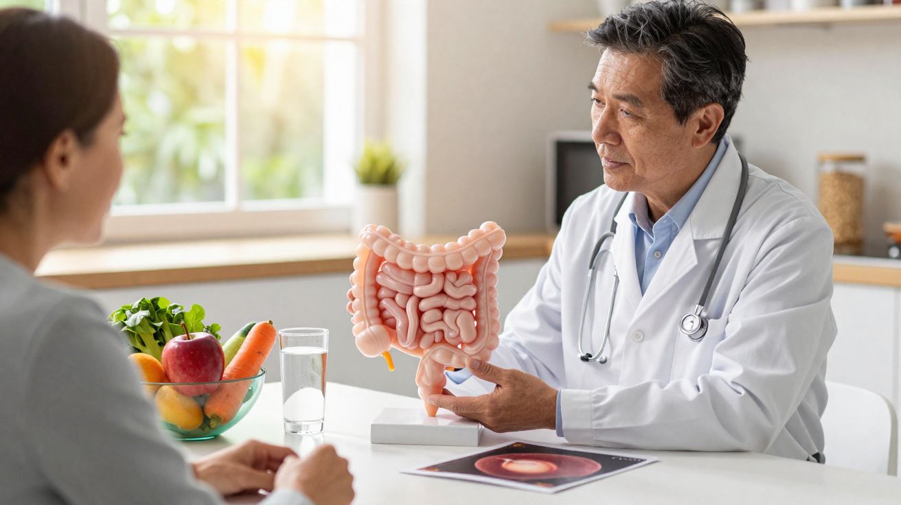 Médico mostrando modelo do intestino para paciente em consulta, com frutas e legumes ao fundo.