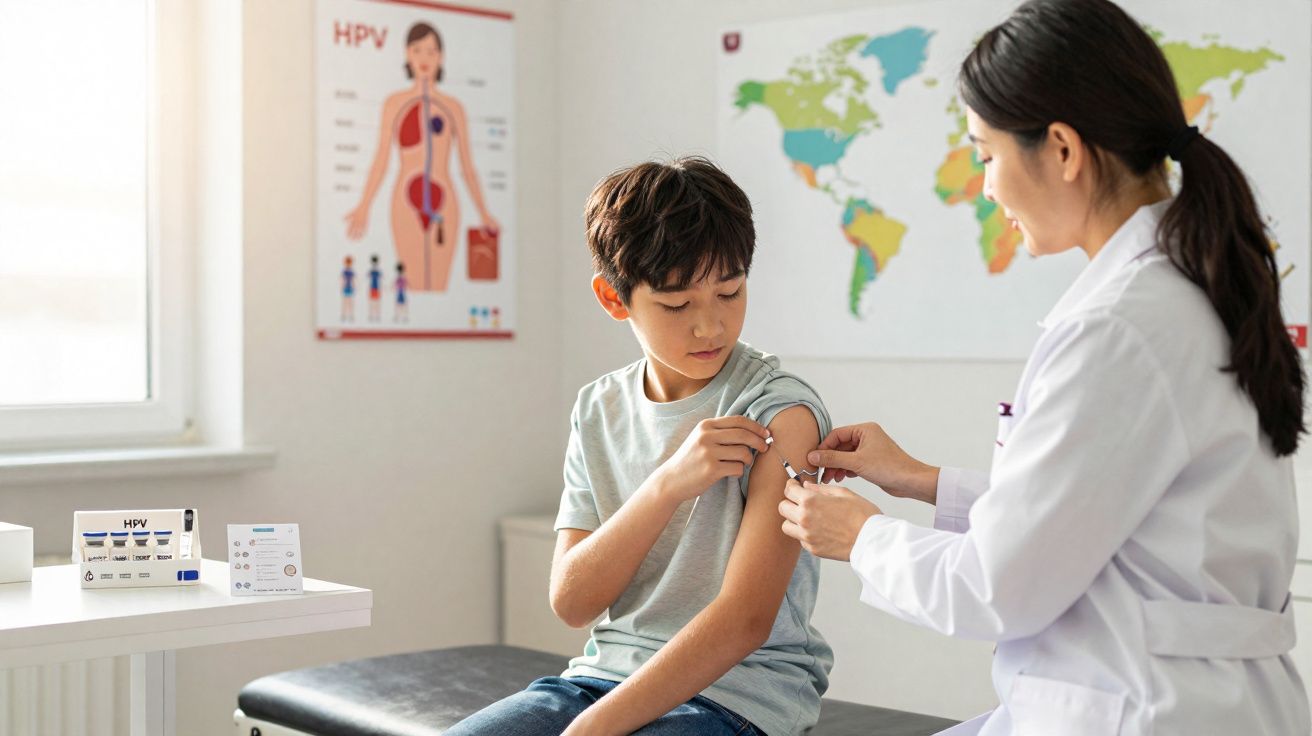 Menino recebendo vacina no braço aplicada por médica em consultório com mapas e pôsteres na parede.