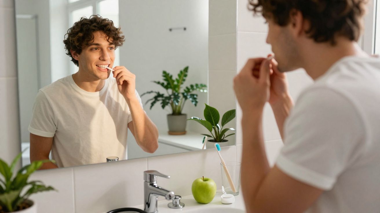 Homem jovem usando fio dental em frente ao espelho do banheiro com plantas e maçã verde na pia.