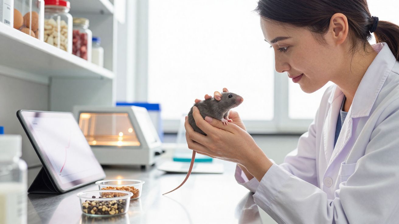 Pesquisadora em jaleco branco segura um rato cinza em laboratório com equipamentos e amostras sobre a mesa.