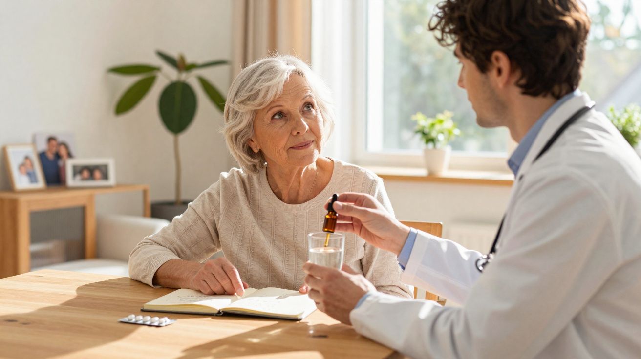 Médico com jaleco entrega medicamento para idosa sentada à mesa, com receita aberta à sua frente.