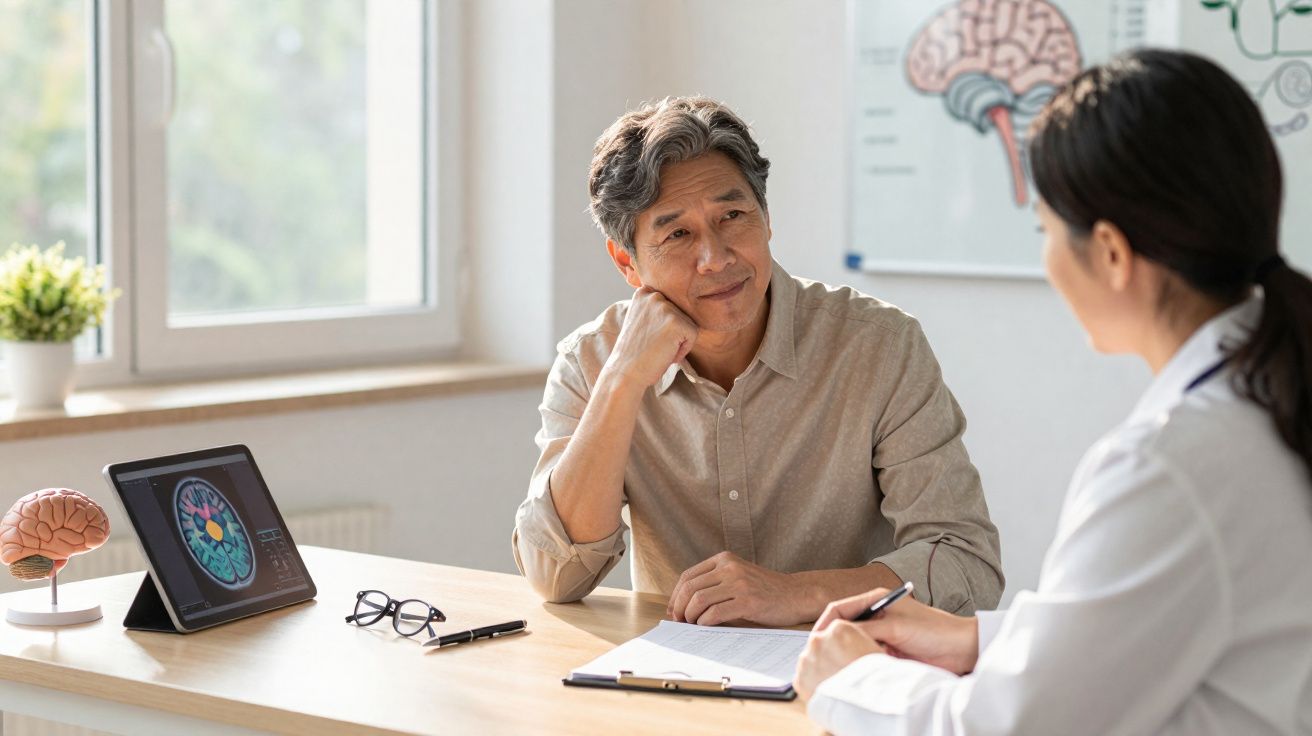 Homem em consulta com médica, discutindo exame cerebral em ambiente clínico iluminado e moderno.