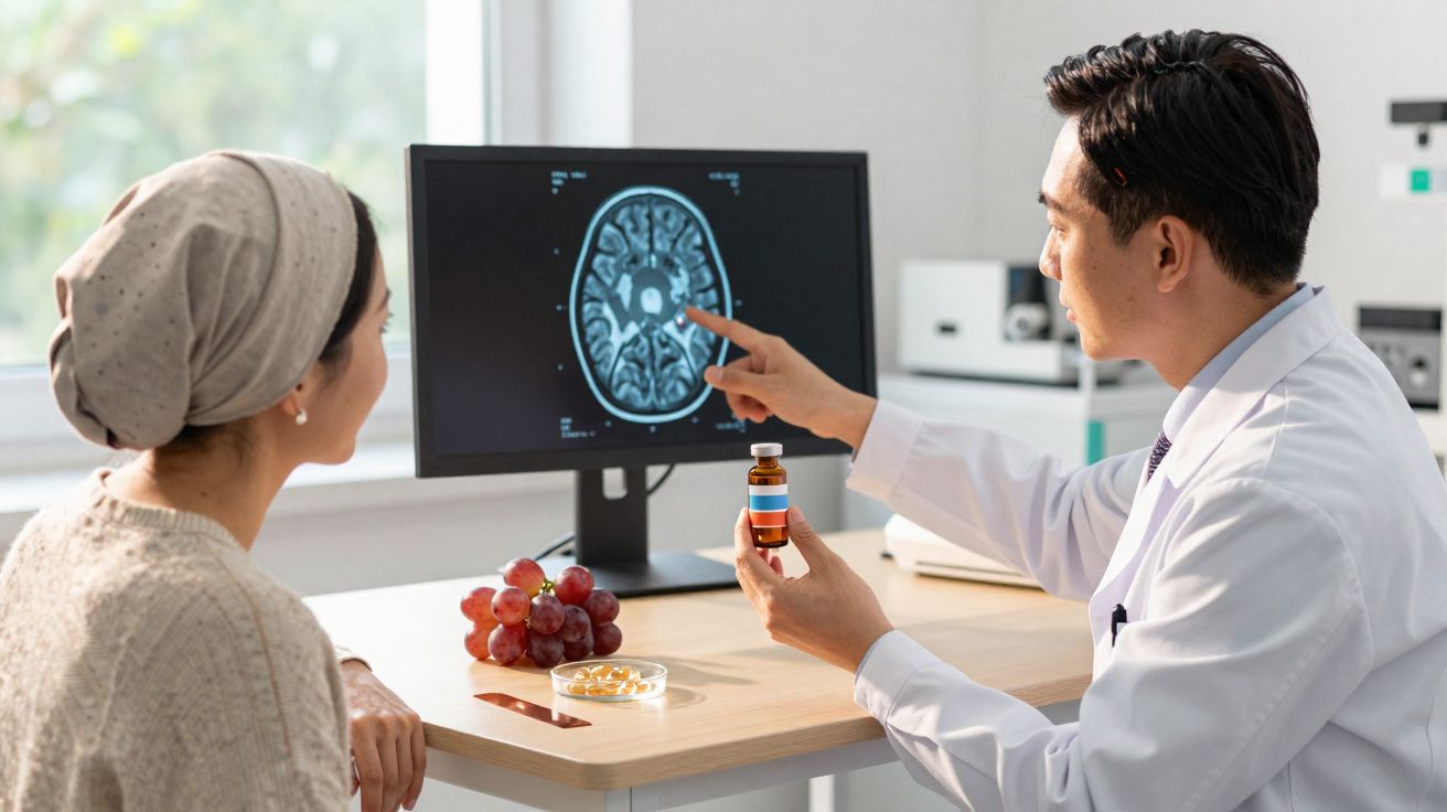 Médico explica exame cerebral para paciente mulher enquanto demonstra medicamento no consultório.