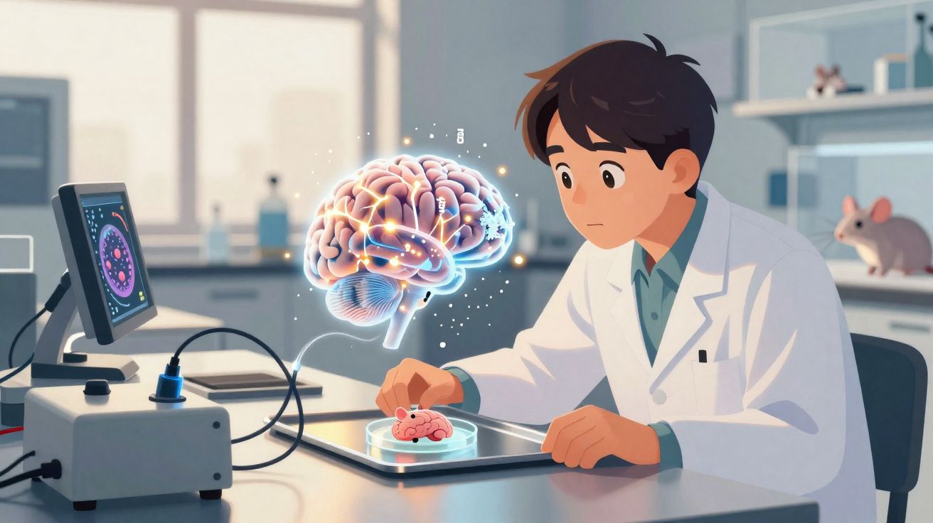 Cientista observa cérebro de camundongo em laboratório com animação digital cerebral ao fundo.