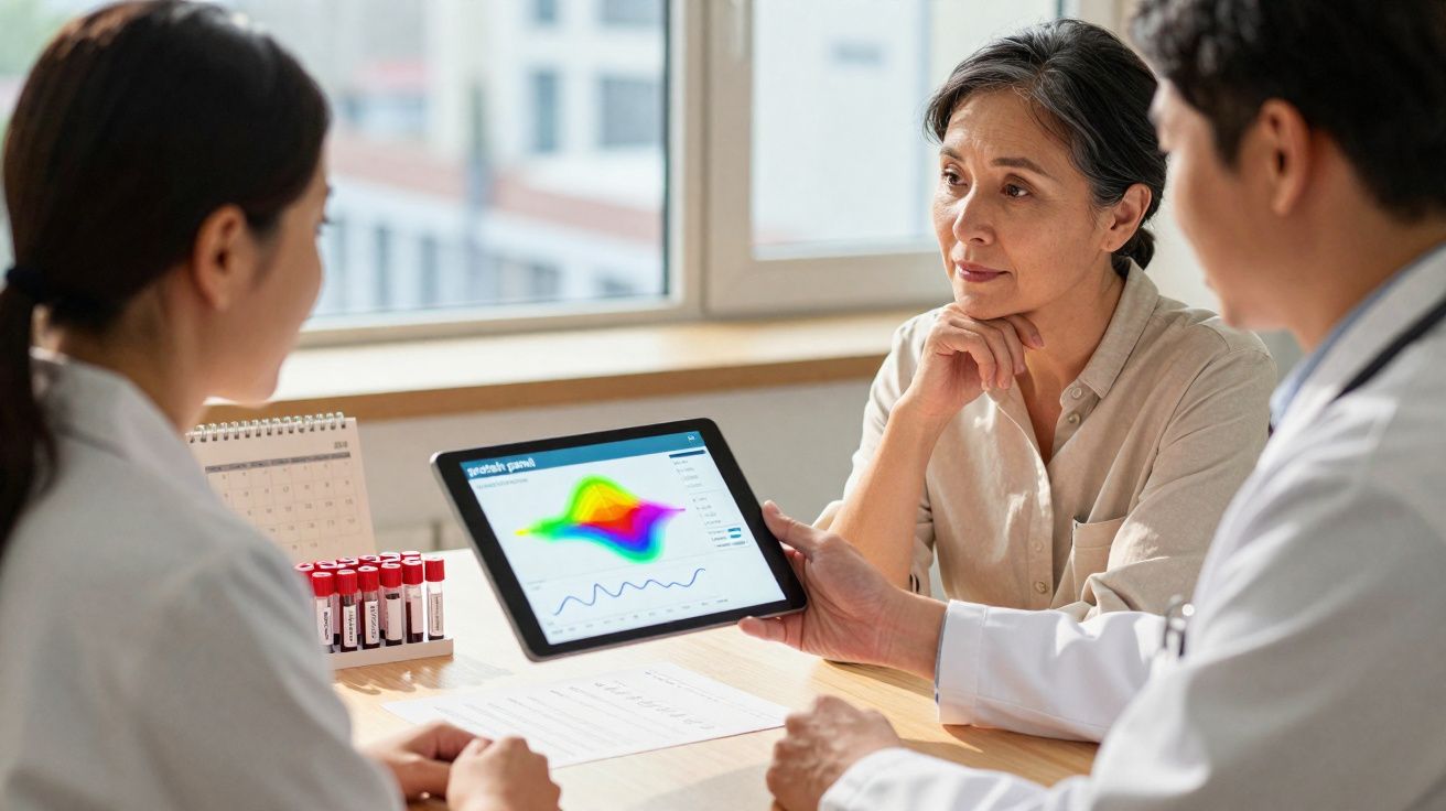 Paciente idosa em consulta médica analisando gráfico em tablet junto a dois profissionais de saúde.