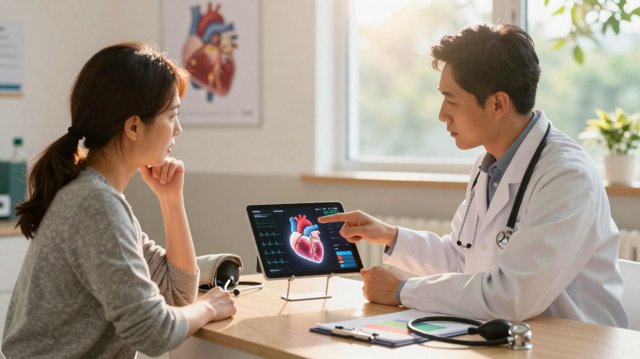 Médico explicando exame de coração para paciente usando tablet em consultório iluminado.