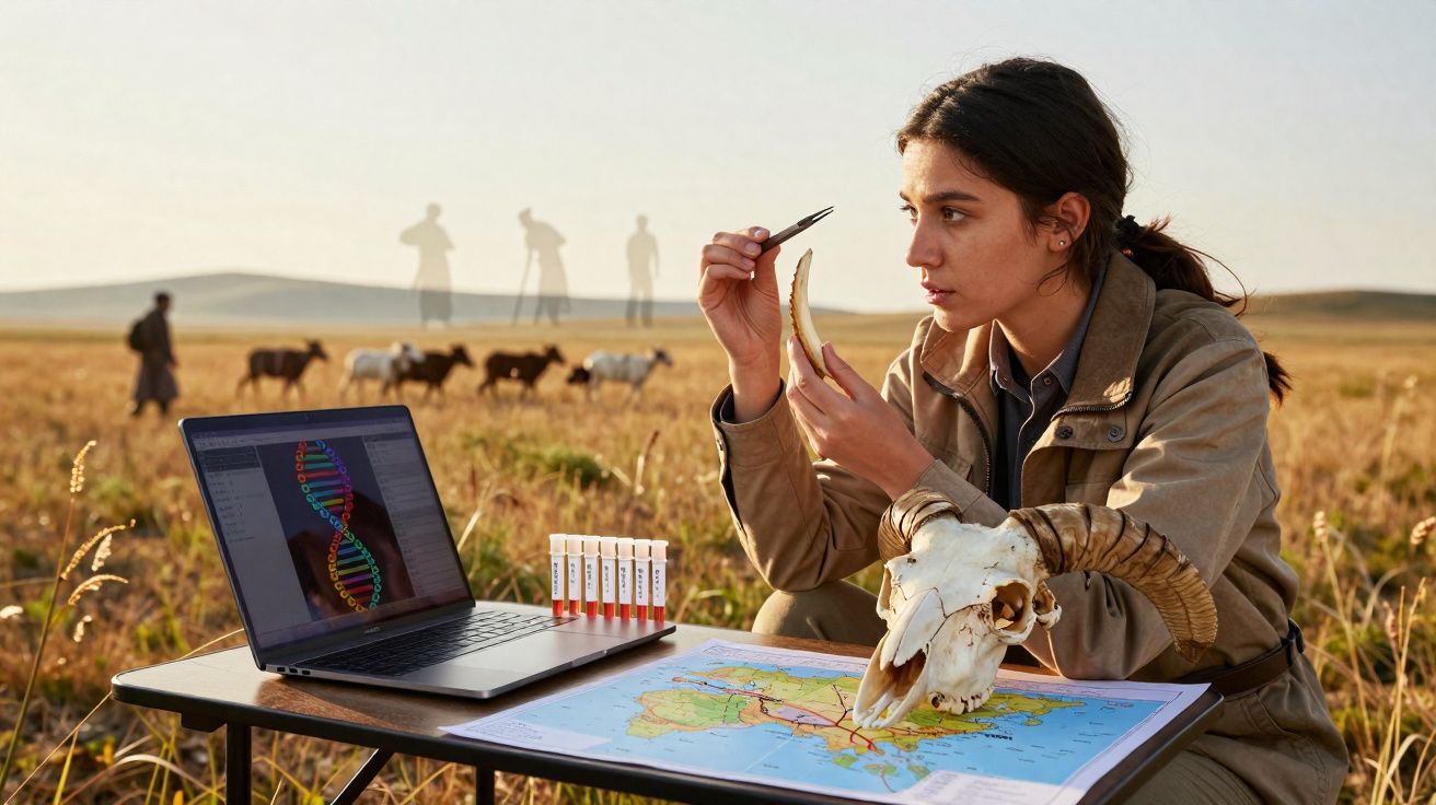 Mulher analisa osso ao ar livre com laptop, tubos de ensaio e mapa em mesa em campo aberto.
