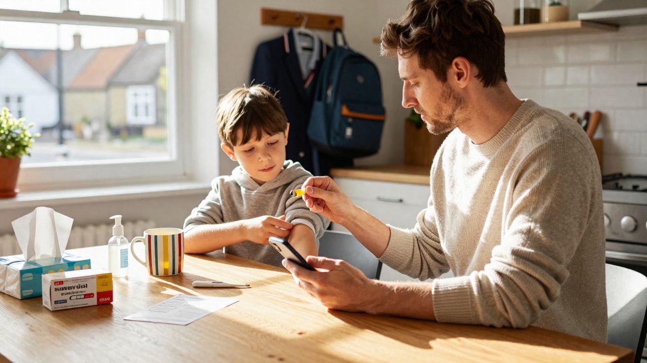 Pai aplicando medicamento no braço do filho sentado à mesa da cozinha iluminada pela janela.