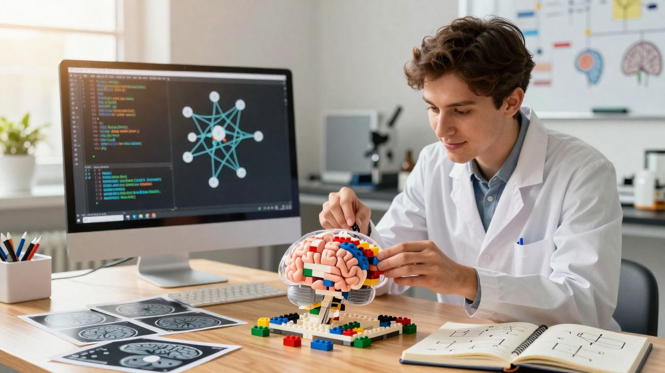 Cientista jovem em laboratório montando cérebro de LEGO com imagens de ressonância magnética e código no computador.