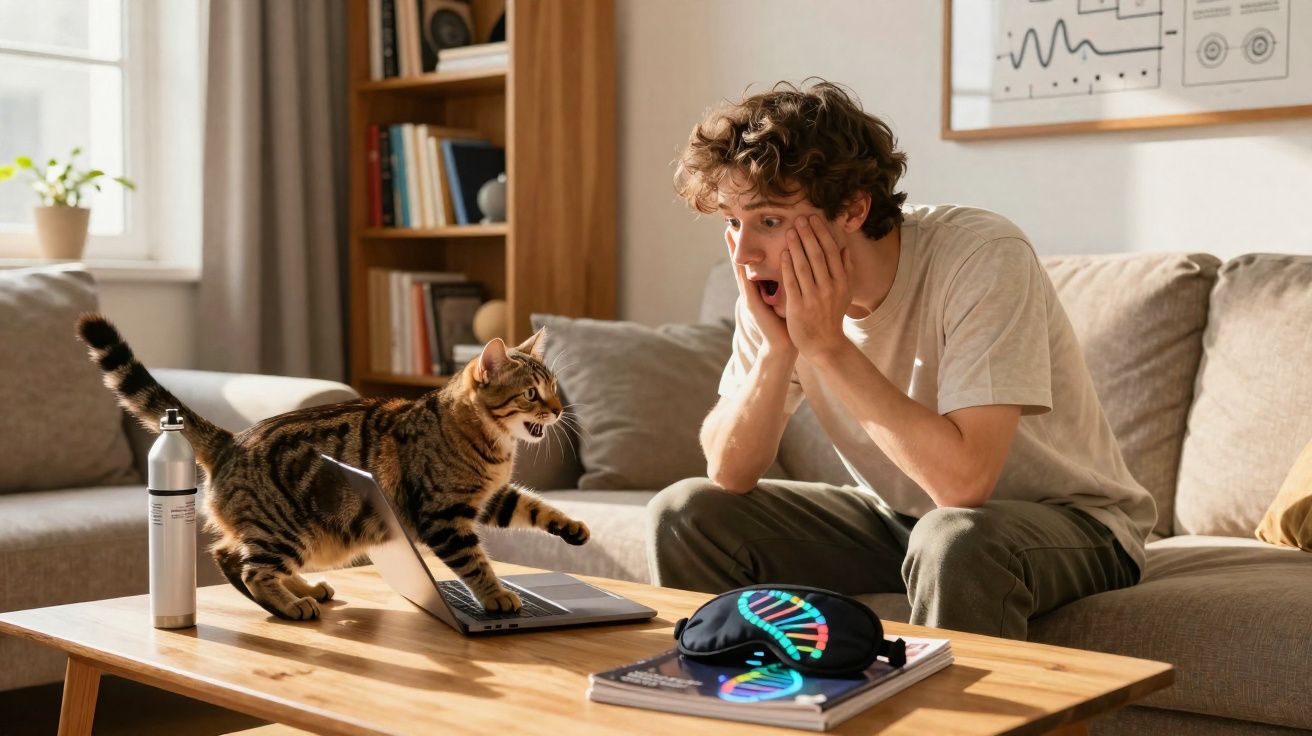 Homem surpreso observa gato andando sobre teclado de notebook em sala iluminada.