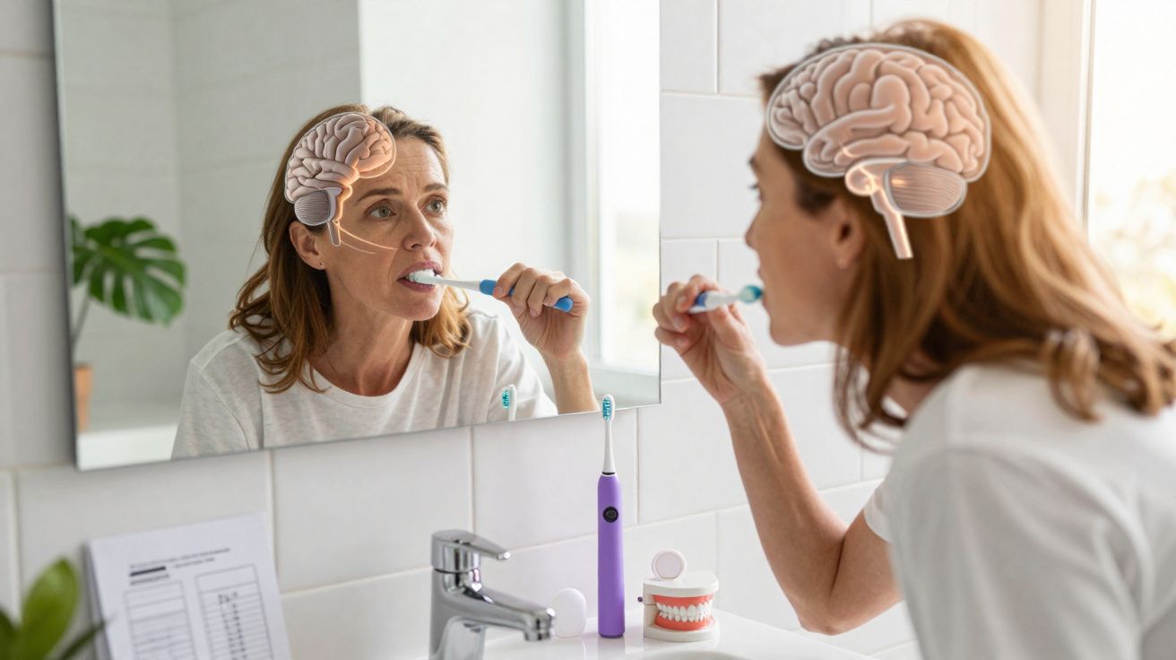 Mulher escovando os dentes no banheiro com ilustração do cérebro mostrando atividade mental.