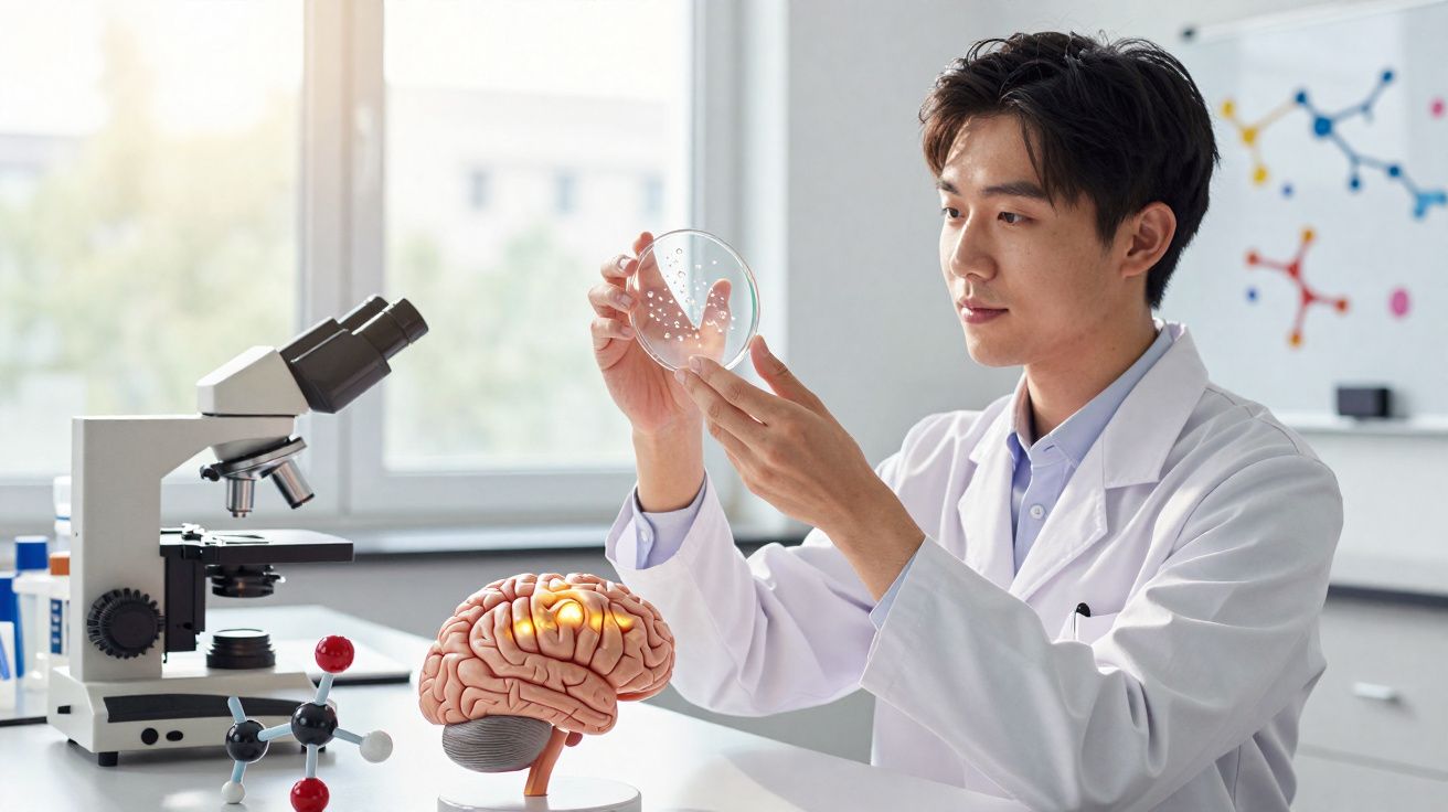 Cientista em laboratório analisando placa de petri com modelo anatômico de cérebro e microscópio na mesa.