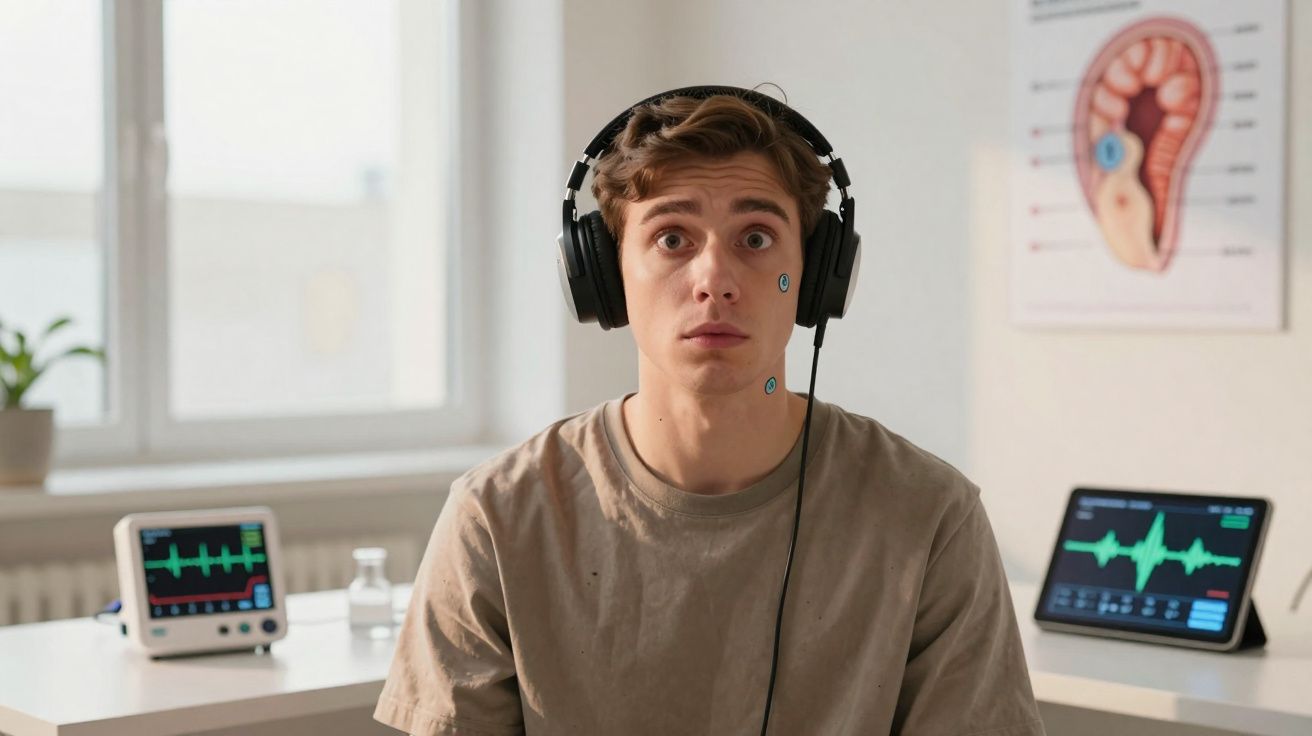 Jovem usando fones em exame auditivo, com sensores no rosto, em clínica com equipamentos ao fundo.