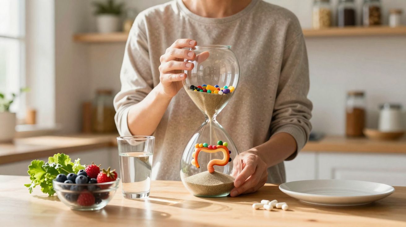 Pessoa segurando ampulheta com pílulas coloridas e areia, ao lado de frutas, copo d'água e comprimidos numa mesa na cozinha.