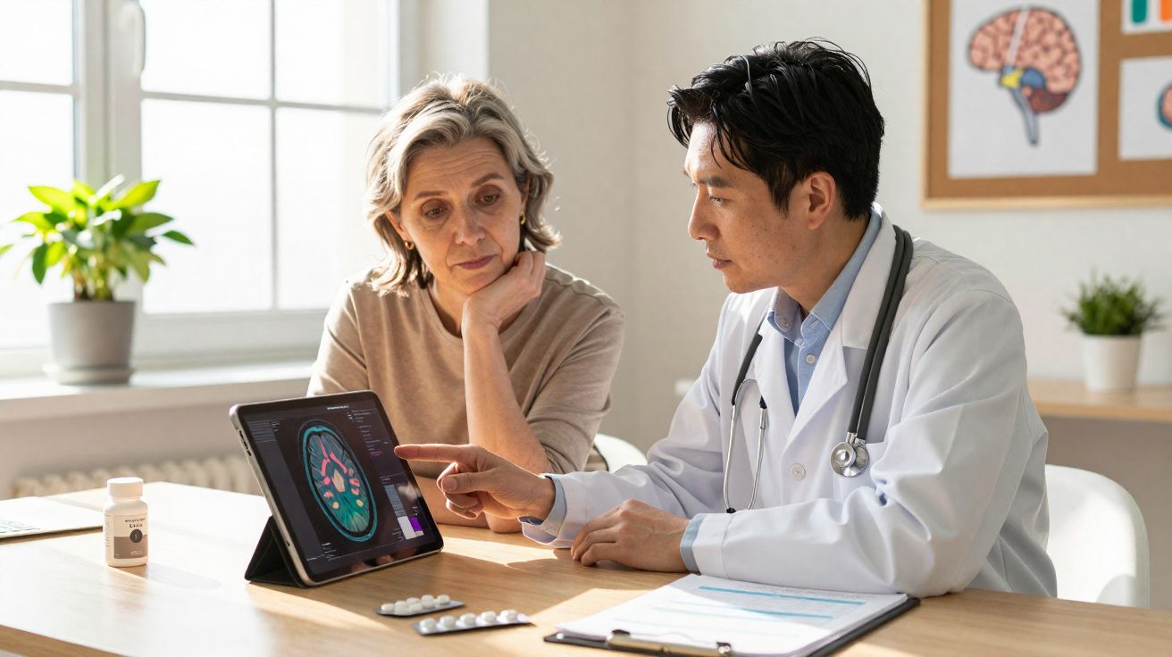 Médico explica exame cerebral a paciente em consultório iluminado, com remédios e tablets na mesa.