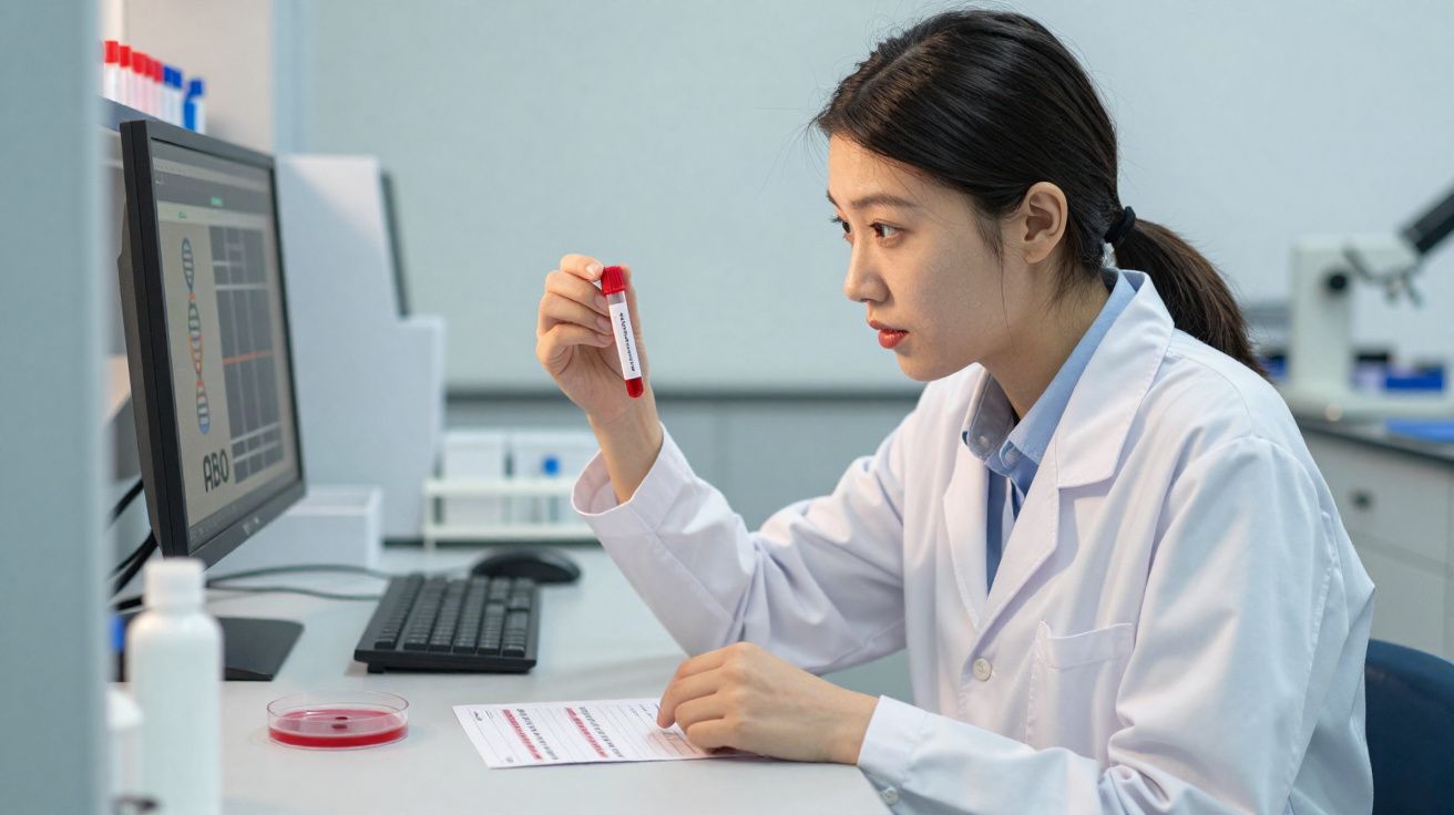 Pesquisadora em jaleco branco analisando amostra de sangue em tubo de ensaio no laboratório.